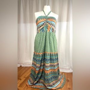 Davi & Dani Sage Geo Floral Mixed Maxi Dress Braided Halter Smocked Back 3X New
